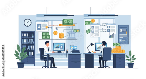Financial analysts tracking investment data for company growth in modern office setting, optimizing revenue streams