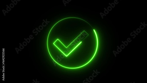 Glowing green check mark spinning to completion with a neon effect on a black backdrop
