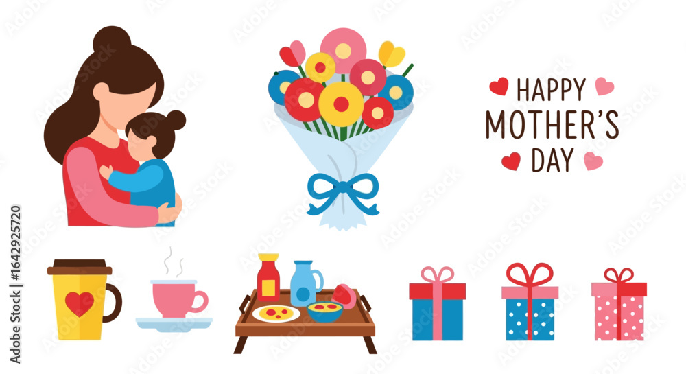 Obraz premium Celebrate Mother's Day with love, gifts, flowers, breakfast, and sweet hugs in a delightful greeting card