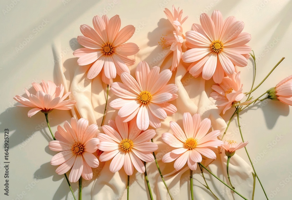 Fototapeta premium A tranquil arrangement of pink daisy flowers with soft petals, laid against a gentle backdrop, illuminated by natural light, evoking feelings of serenity, beauty, and delicate elegance.
