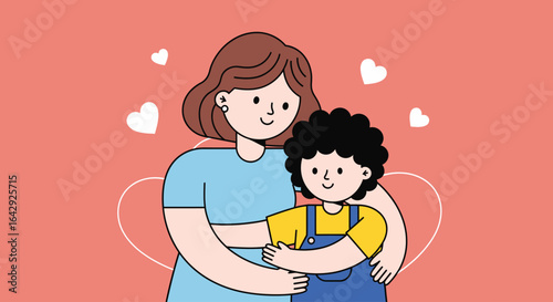 Loving mother embracing her adorable child surrounded by hearts expressing love and affection together
