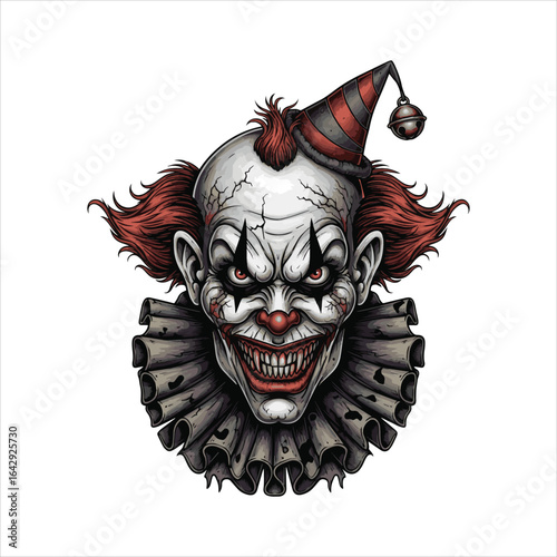 Disturbing Clown Portrait with Red Hair and Haunted Eyes and a Striped Party Hat