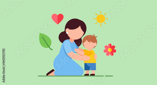 Loving mother embracing child with heart, sun, flower, and leaf around, family love concept