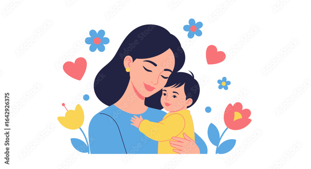 Obraz premium Loving mother embracing her happy baby, surrounded by hearts and flowers, family love, tenderness