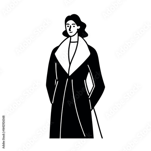 Standing woman with coat draped over shoulders in stylish pose Vector illustration