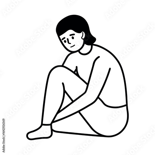 Woman sitting on floor with arms wrapped around knees calmly Vector illustration