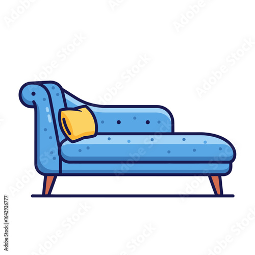 A comfortable blue chaise lounge with a yellow pillow, perfect for relaxation.