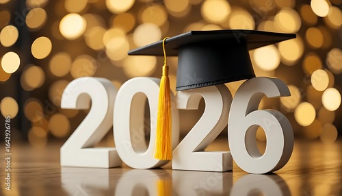 Graduation celebration concept featuring a black graduation cap with a bright yellow tassel, placed on the large white bold numbers 0 of forming '2026' on glossy table
