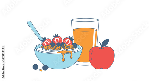 Healthy Breakfast Illustration with Cereal Bowl, Fruits, Juice, and Apple