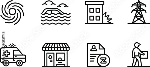 Set of Linear Style Disaster Icons Hurricane, Flood, Damage, Power, Medical, Store
