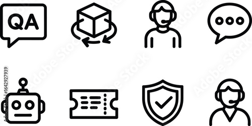 Set of QA, Box Rotation, Customer Service, Speech Bubble, Robot, Ticket, Shield Icons