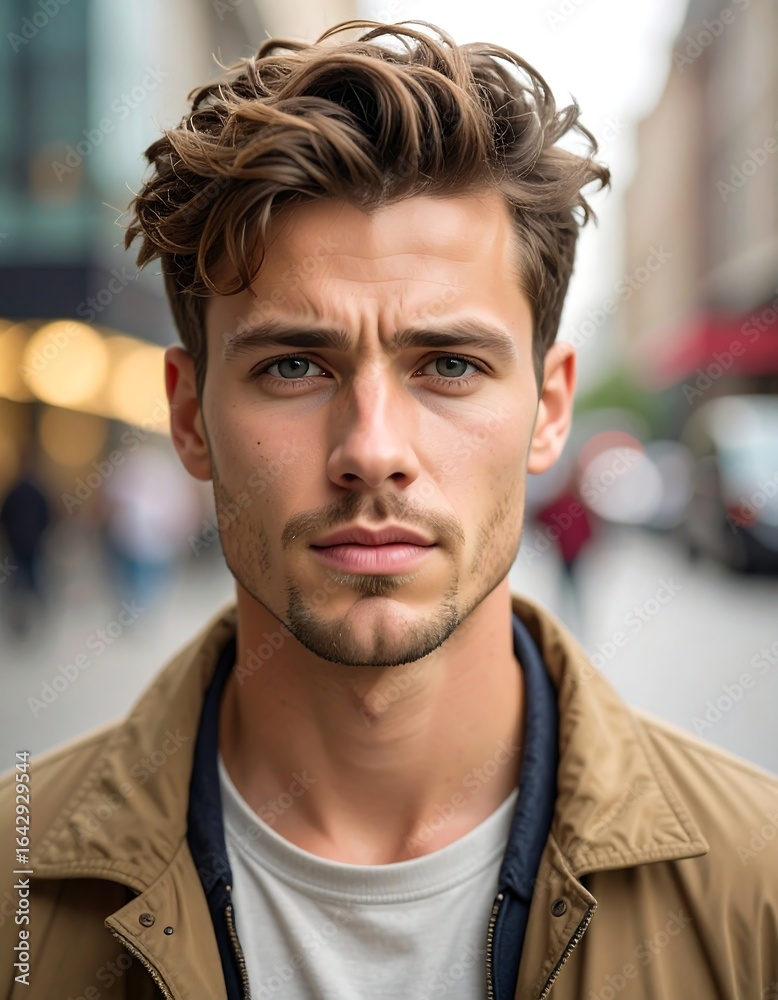 Close-up portrait of a young man with wavy brown hair, light eyes, and a serious expression, wearing a tan jacket Close-up portrait of a young man with wavy brown hair, light eyes, and a serious expression, wearing a tan jacket