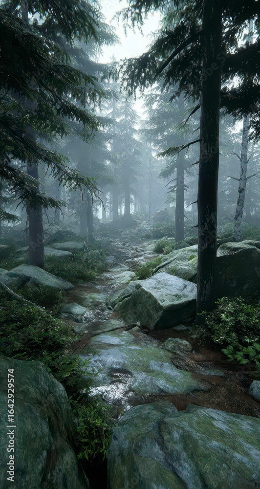 Fototapeta premium Misty forest path through rocks