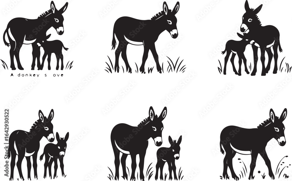 Fototapeta premium Six Black Silhouette Illustrations of Donkeys and Foals in Grass