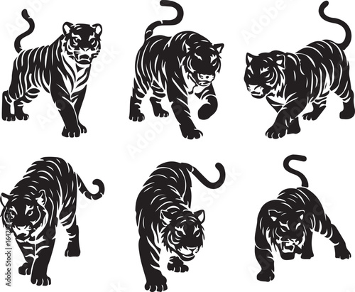 Six Black Silhouette Tigers in Various Poses on White Background