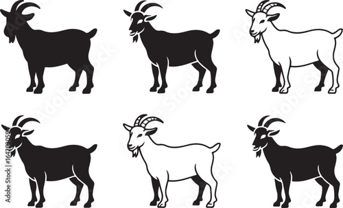 Collection of six black panther silhouettes in various walking and stalking poses. Vector illustration set isolated on a white background.