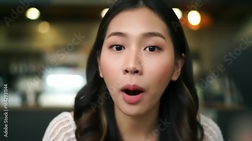 Wallpaper Mural Close-up Portrait of a Young Asian Woman Speaking, Cafe Background Torontodigital.ca