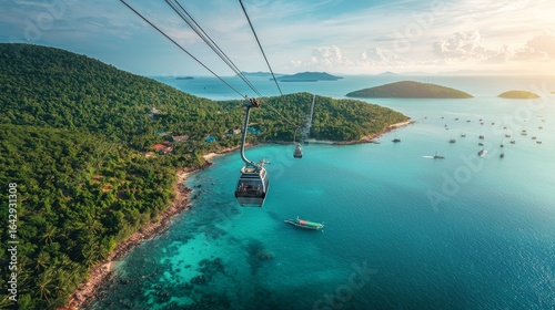 View of longest cable car ride in the world, Phu Quoc island, Vietnam. Below is seascape with tropical islands and boats.