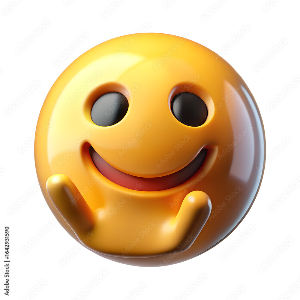 Fototapeta premium Shy emoji with hands covering cheeks and a gentle smile, isolated on transparent background