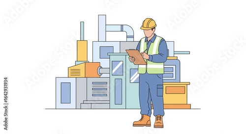 Professional engineer in safety gear conducting an inspection of industrial machinery in a modern factory setting. Vector illustration.