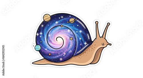 Cosmic Snail A Whimsical Sticker Featuring a Galaxy Shell and Planetary Details