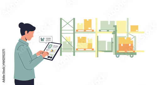 Modern warehouse management illustration with a worker using a digital tablet for efficient inventory control and supply chain logistics.