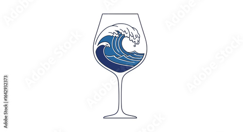 Dynamic blue wave cresting within a sleek wine glass, a modern graphic depicting refreshing liquid movement and elegant drink concepts.