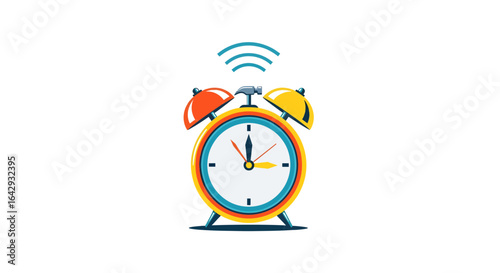Ringing retro alarm clock illustration on a white background. A vibrant and colorful timepiece graphic representing morning, deadlines, and time management.
