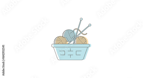 Knitting basket with yarn and needles, vector graphic illustration