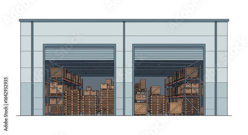 Vector illustration of a warehouse storage unit with open doors showing shelves stacked high with boxes.