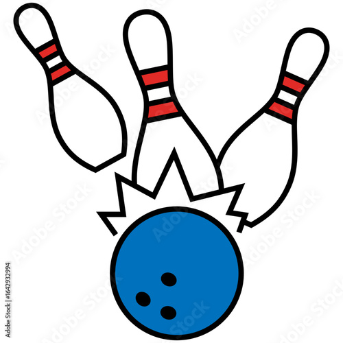 bowling ball hit pin strike and poof comic effect filled outline icon