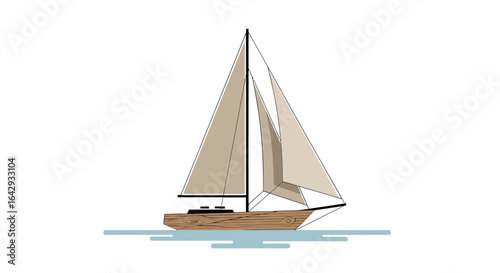 Classic sailboat vector illustration of a wooden yacht with tan sails floating on the sea. Simple flat style maritime graphic element.