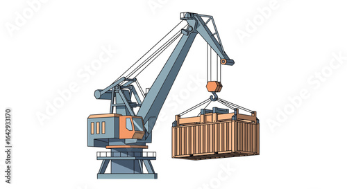 Industrial harbor crane lifting a large shipping container. Vector illustration for logistics, freight transport, and global trade industry, isolated.