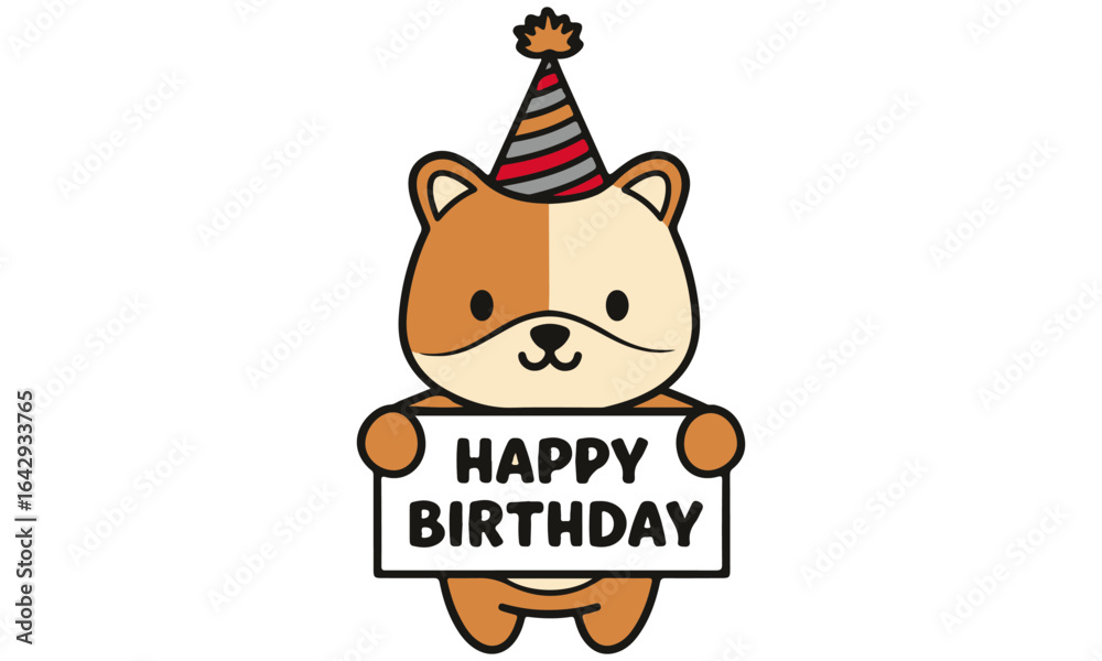 Fototapeta premium Cute puppy Character Celebrating Birthday: Cartoon Illustration of a Happy puppy Wearing a Polka Dot Party Hat and Holding a 'Happy Birthday' Sign for Greeting Cards and Designs.