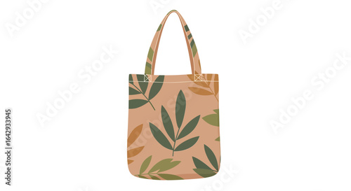 Stylish beige tote bag adorned with a repeating pattern of green and ochre leaves, perfect for everyday use