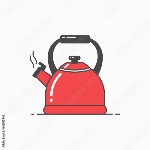 Red kettle with steam coming from the spout, on a white background.