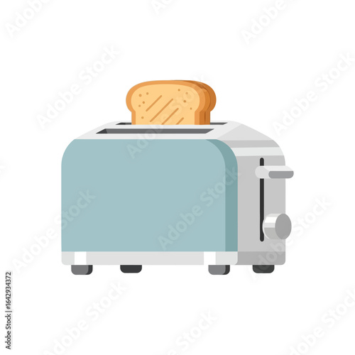 A light-blue toaster with a slice of perfectly toasted bread popping up.