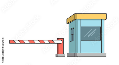 A flat line art illustration of a tollbooth with a closed red and white striped barrier arm, representing a security checkpoint or parking access control.