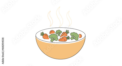 Minimalist line art illustration of a steaming bowl with fresh vegetables. Concept for healthy homemade cooking and nutrition.