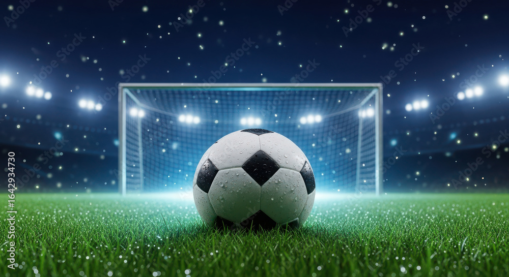 Naklejka premium A soccer ball sits on the grass in front of a glowing goal under stadium lights at night