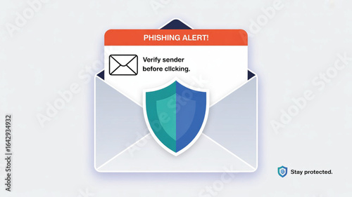 Phishing email alert with shield, secure inbox cybersecurity protection, flat vector illustration

