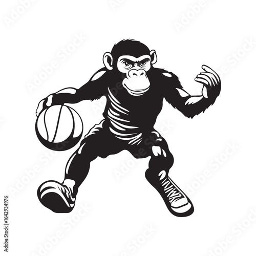 Vector sketch illustration of a monkey dribbling a basketball. Playful and dynamic hand-drawn style capturing the fun and energy of the sport isolated on a white background