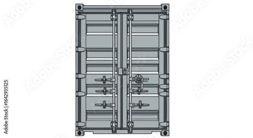 A detailed vector illustration of the front doors on a gray metal cargo container used for international freight and global logistics.