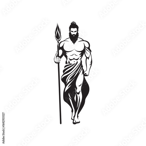 Vector sketch illustration of a warrior walking while carrying a spear. isolated on a white background