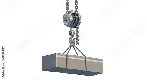 Realistic 3D illustration of an industrial chain hoist with a pulley and hook lifting a heavy block, isolated on a white background.