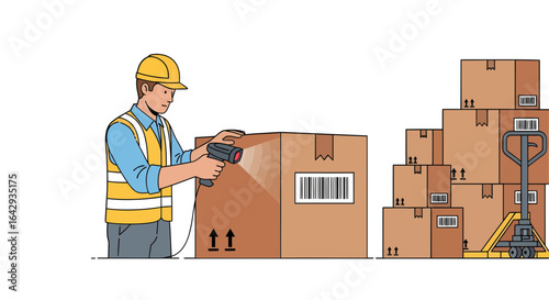 Warehouse Worker Scanning Packages with Barcode Scanner