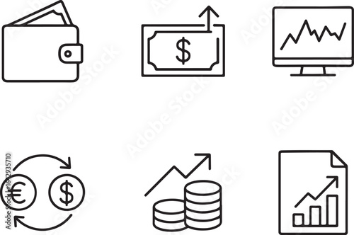 Collection of modern financial icons representing money management investments and economic growth trends