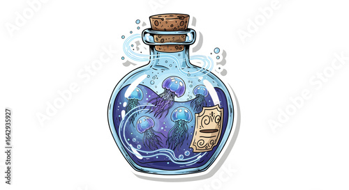 Magical fantasy potion bottle with glowing jellyfish swimming in a mysterious blue liquid. Whimsical sea life illustration.