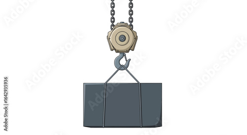 Industrial crane hook whisking away a heavy cargo block. Vector illustration of a chain hoist mechanism on a white background.