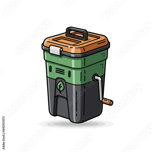 A green and black compost bin with a crank handle, designed for easy home composting.
